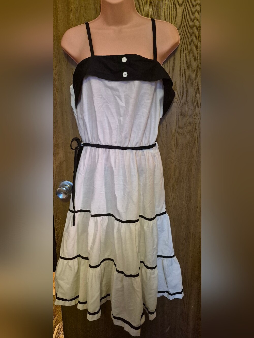 Vintage 70s Black White Summer Sun Dress Prairie Hippie Crochet Rockabilly L